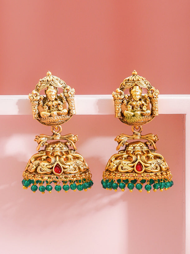 Rubans 18k Gold Plated Artificial Stones Studded & Beaded Temple Classic Jhumkas
