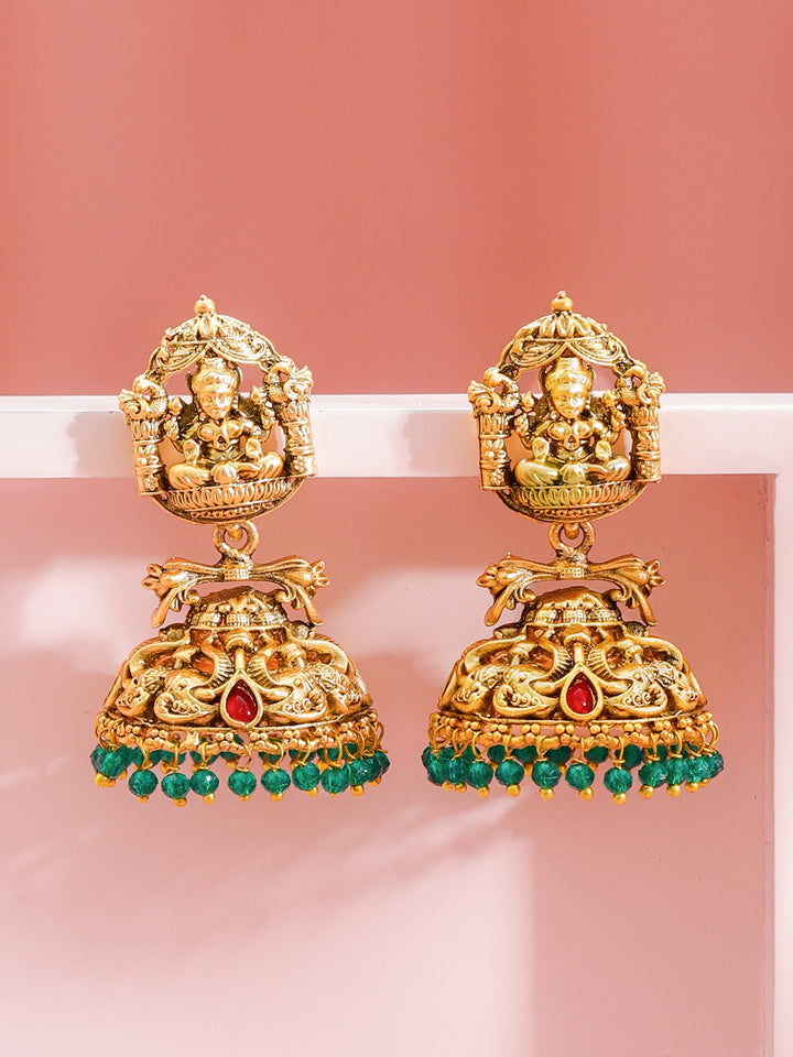 Rubans 18k Gold Plated Artificial Stones Studded & Beaded Temple Classic Jhumkas