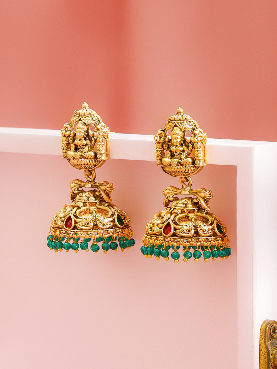 Rubans 18k Gold Plated Artificial Stones Studded & Beaded Temple Classic Jhumkas