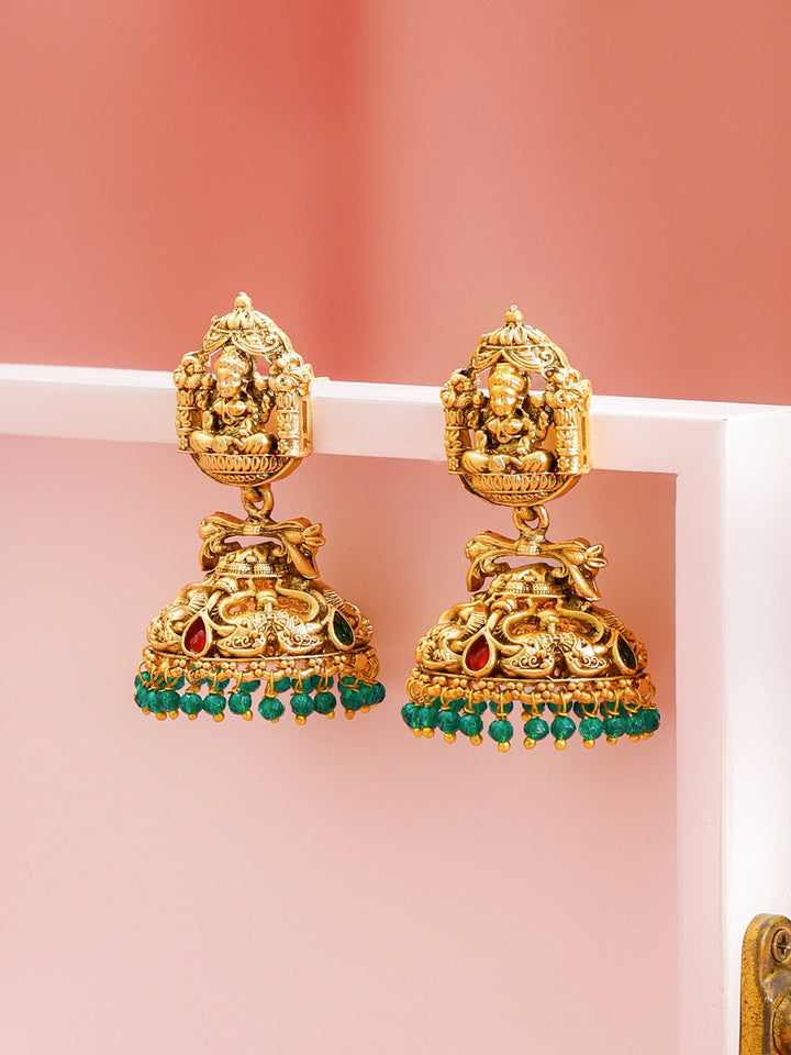 Rubans 18k Gold Plated Artificial Stones Studded & Beaded Temple Classic Jhumkas