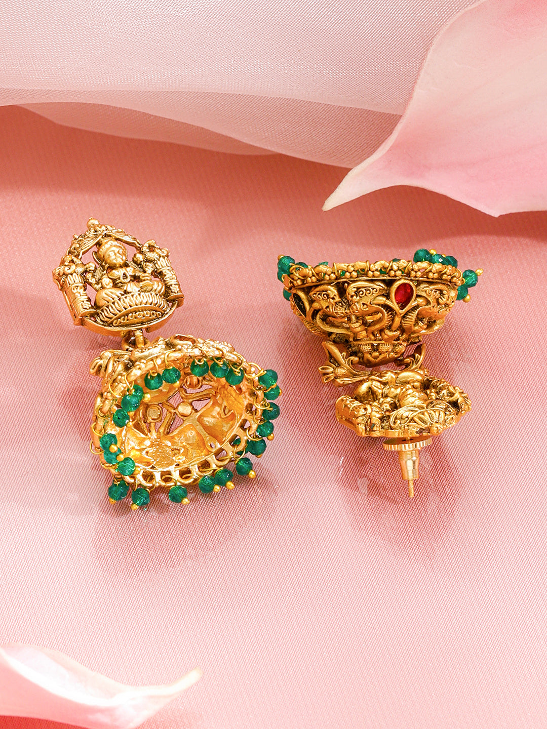 Rubans 18k Gold Plated Artificial Stones Studded & Beaded Temple Classic Jhumkas