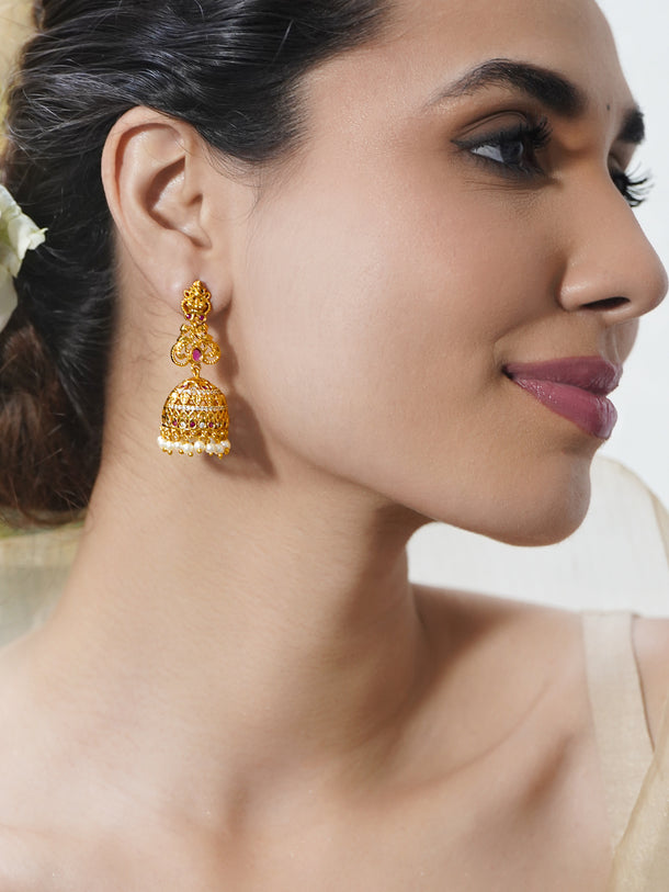 Festive Ruby Pearl Temple Jhumkas