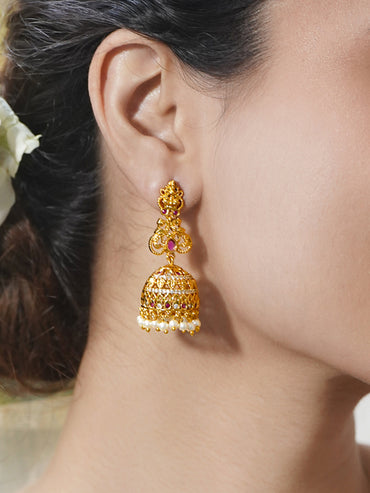 Festive Ruby Pearl Temple Jhumkas