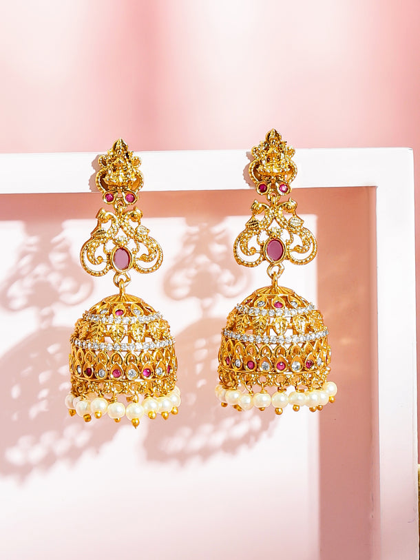 Festive Ruby Pearl Temple Jhumkas