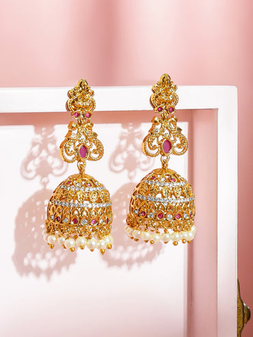 Festive Ruby Pearl Temple Jhumkas