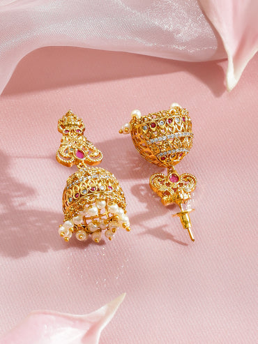 Festive Ruby Pearl Temple Jhumkas