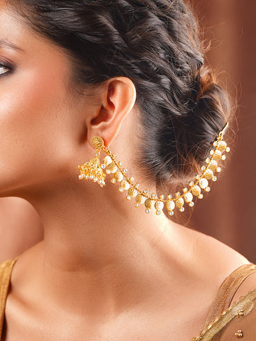 Gold Plated Laxmi Motif Pearl Beaded Kaan Chain jhumkas