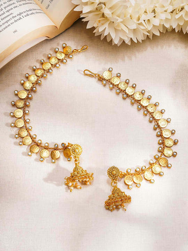Gold Plated Laxmi Motif Pearl Beaded Kaan Chain jhumkas