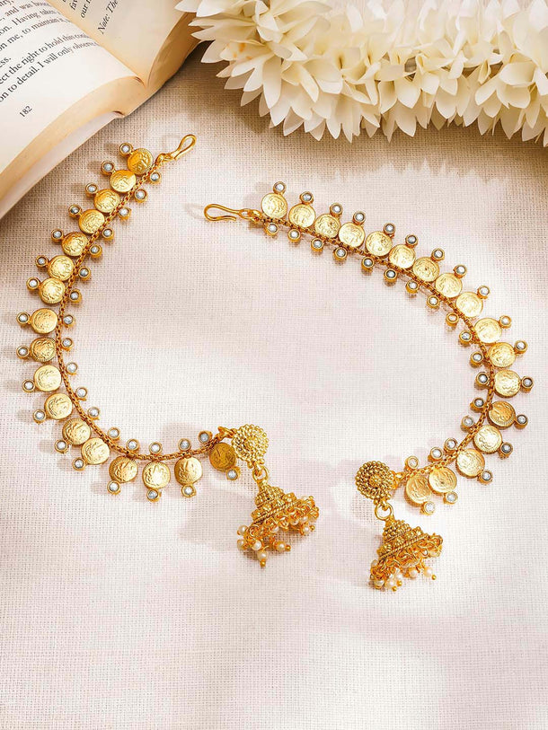 Gold Plated Laxmi Motif Pearl Beaded Kaan Chain jhumkas