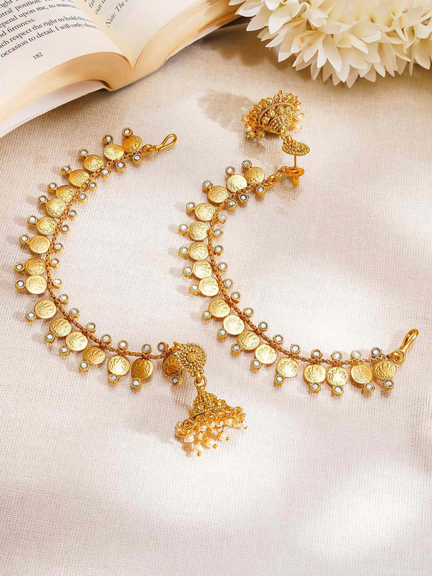 Gold Plated Laxmi Motif Pearl Beaded Kaan Chain jhumkas