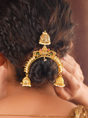 Gold Plated Lakshmi Crown Pearl Jhumka Hair Arch Pin