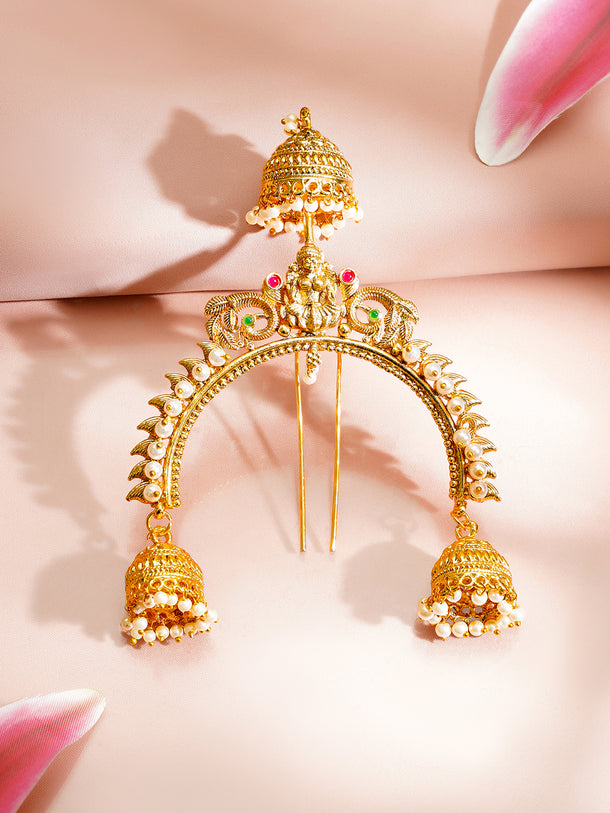 Gold Plated Lakshmi Crown Pearl Jhumka Hair Arch Pin