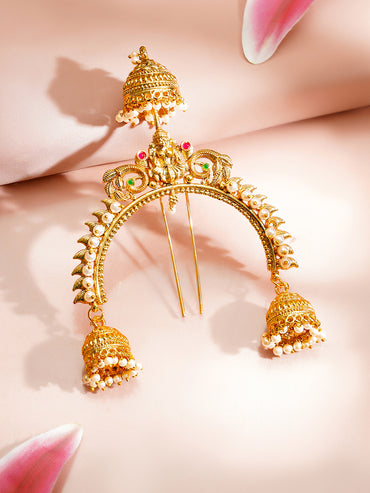 Gold Plated Lakshmi Crown Pearl Jhumka Hair Arch Pin