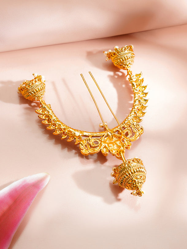 Gold Plated Lakshmi Crown Pearl Jhumka Hair Arch Pin