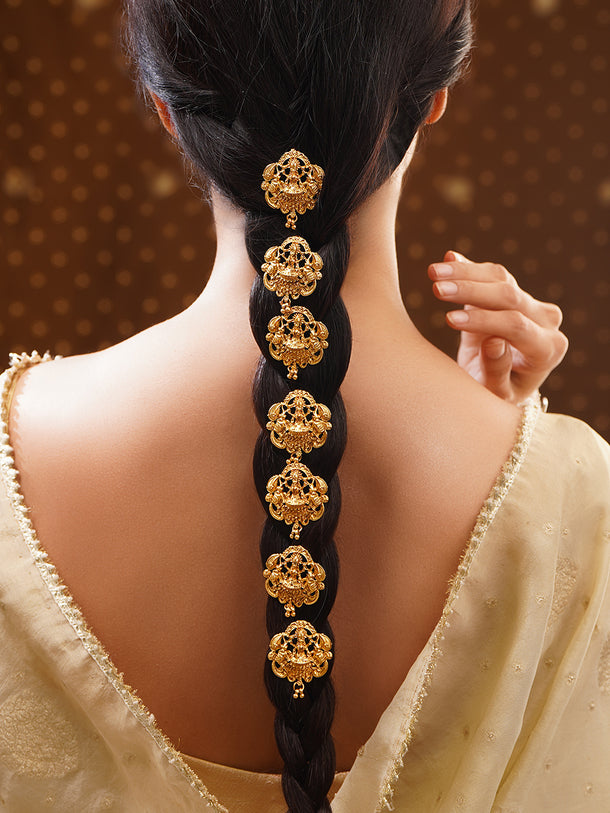 Gold Plated Lakshmi Lotus Antique Bridal Hair Accessory Set of 9