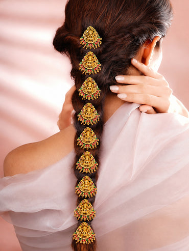 Gold Plated Divine Lakshmi Antique Gold Braid Hair Pin Set