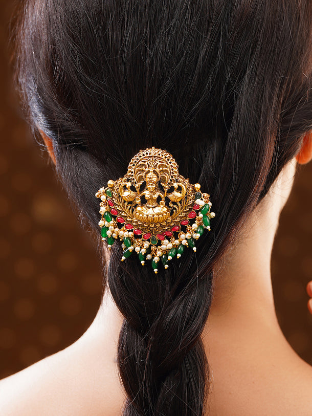 Gold Plated Temple Moti Ruby Studded Pearl drop Green beaded Hair Brooch