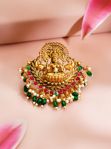 Gold Plated Temple Moti Ruby Studded Pearl drop Green beaded Hair Brooch