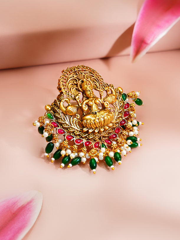 Gold Plated Temple Moti Ruby Studded Pearl drop Green beaded Hair Brooch