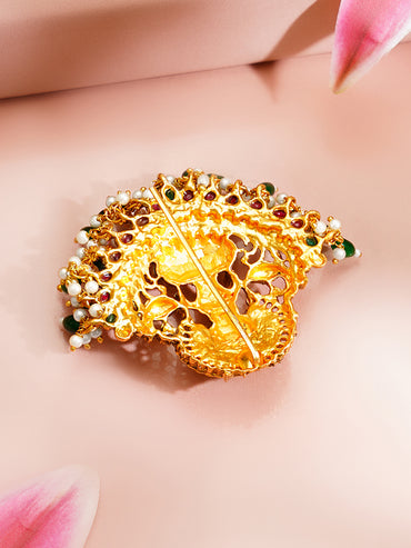 Gold Plated Temple Moti Ruby Studded Pearl drop Green beaded Hair Brooch