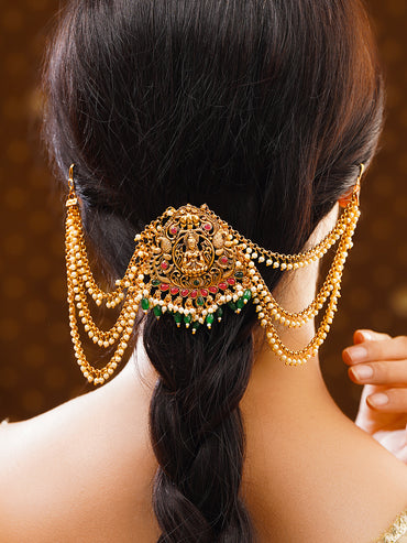 Gold Plated Divine Lakshmi Emerald Pearl Drop Hair Accessory