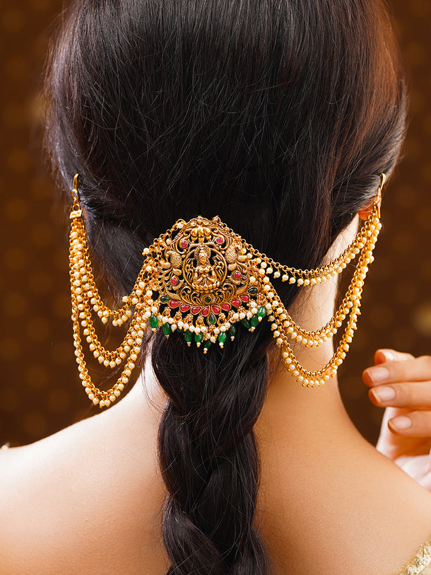 Gold Plated Divine Lakshmi Emerald Pearl Drop Hair Accessory