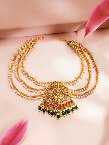 Gold Plated Divine Lakshmi Emerald Pearl Drop Hair Accessory