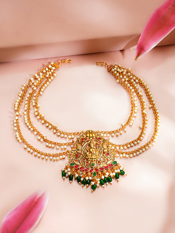 Gold Plated Divine Lakshmi Emerald Pearl Drop Hair Accessory