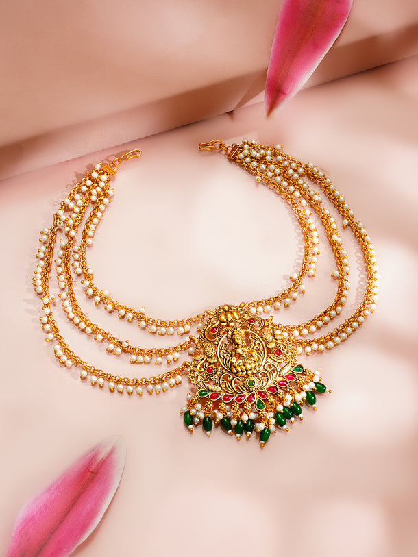 Gold Plated Divine Lakshmi Emerald Pearl Drop Hair Accessory