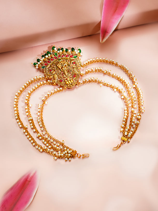 Gold Plated Divine Lakshmi Emerald Pearl Drop Hair Accessory