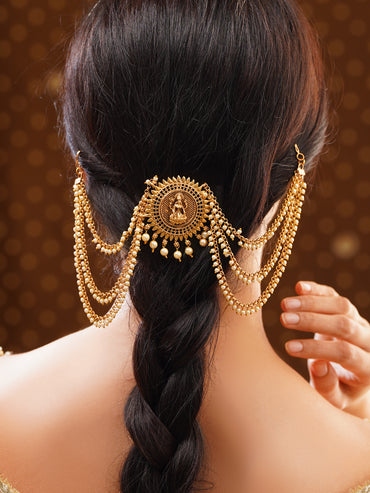 Gold plated Lakshmi Sunburst Pearl Layered Hair Chain