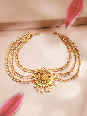 Gold plated Lakshmi Sunburst Pearl Layered Hair Chain