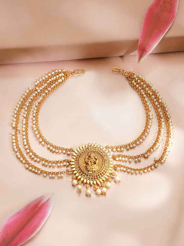 Gold plated Lakshmi Sunburst Pearl Layered Hair Chain