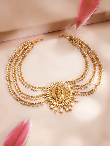 Gold plated Lakshmi Sunburst Pearl Layered Hair Chain