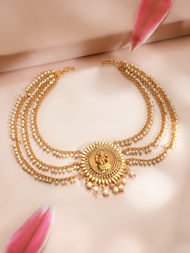 Gold plated Lakshmi Sunburst Pearl Layered Hair Chain
