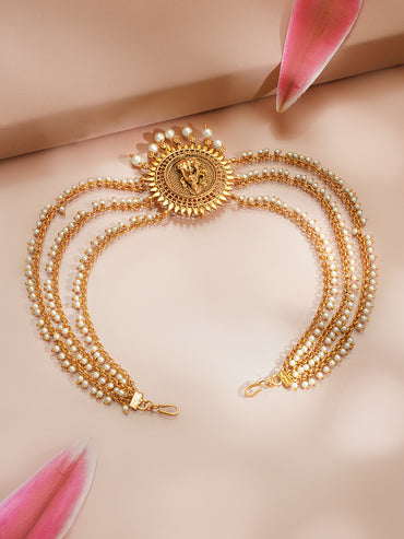 Gold plated Lakshmi Sunburst Pearl Layered Hair Chain