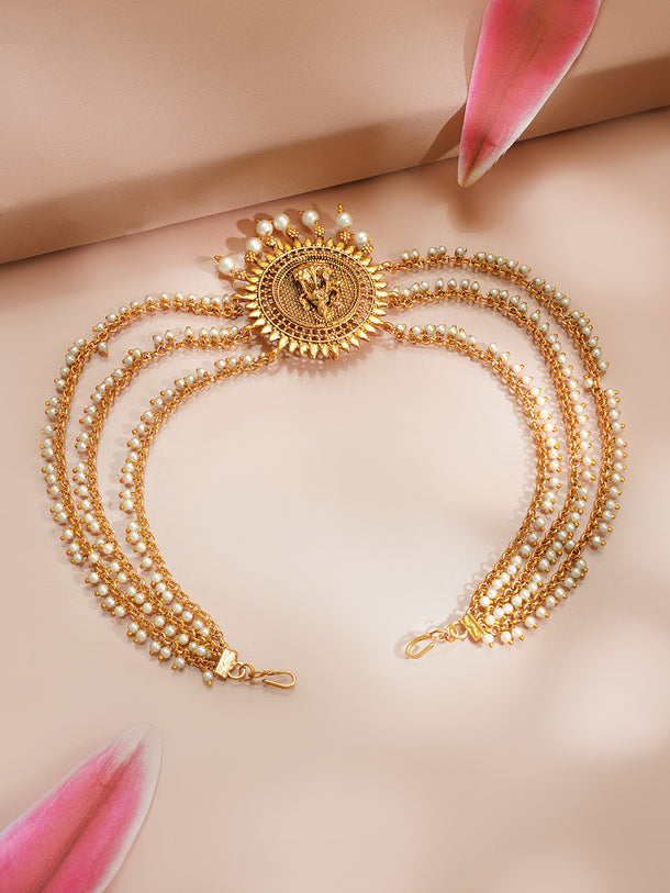Gold plated Lakshmi Sunburst Pearl Layered Hair Chain