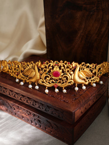 Rubans 24K Gold Plated Handcrafted Ruby with Peacock Tradional Kamarbandh