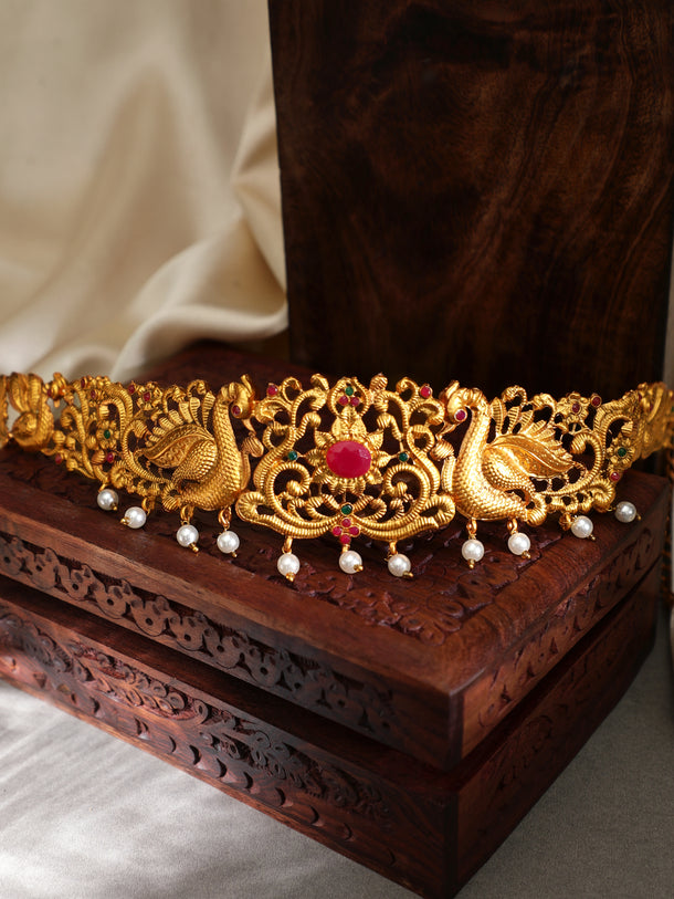 Rubans 24K Gold Plated Handcrafted Ruby with Peacock Tradional Kamarbandh
