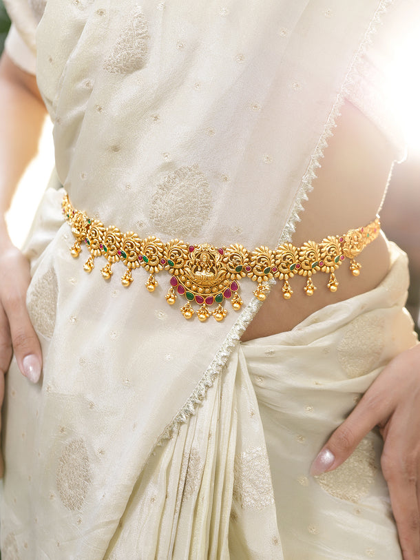 Rubans 22K Gold-Plated Ruby Red & Emerald Green Stone Temple Waist Chain Kamarbandh with Pearl Drops