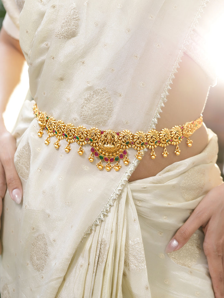 Rubans 22K Gold-Plated Ruby Red & Emerald Green Stone Temple Waist Chain Kamarbandh with Pearl Drops