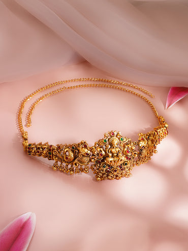 Gold Plated Lakshmi Peacock Motif Temple Kamarbandh Waist Chain
