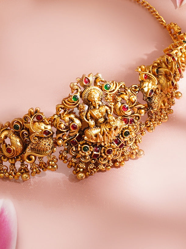 Gold Plated Lakshmi Peacock Motif Temple Kamarbandh Waist Chain