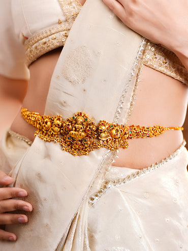 Gold Plated Lakshmi Peacock Motif Temple Kamarbandh Waist Chain