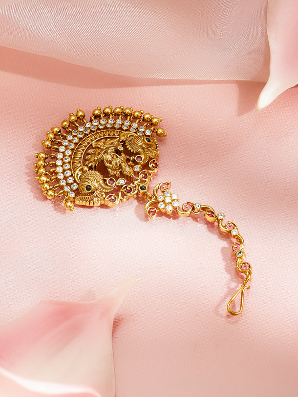 Laxmi Motif Maang Tikka With Gold Drops