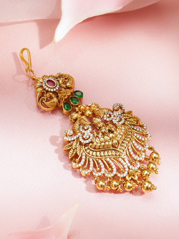 Rubans 22K Gold-Plated Ruby Red, Emerald Green & White Cubic Zirconia Temple Lakshmi Maang Tikka