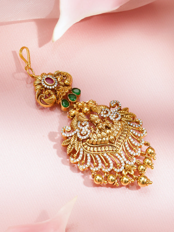 Rubans 22K Gold-Plated Ruby Red, Emerald Green & White Cubic Zirconia Temple Lakshmi Maang Tikka