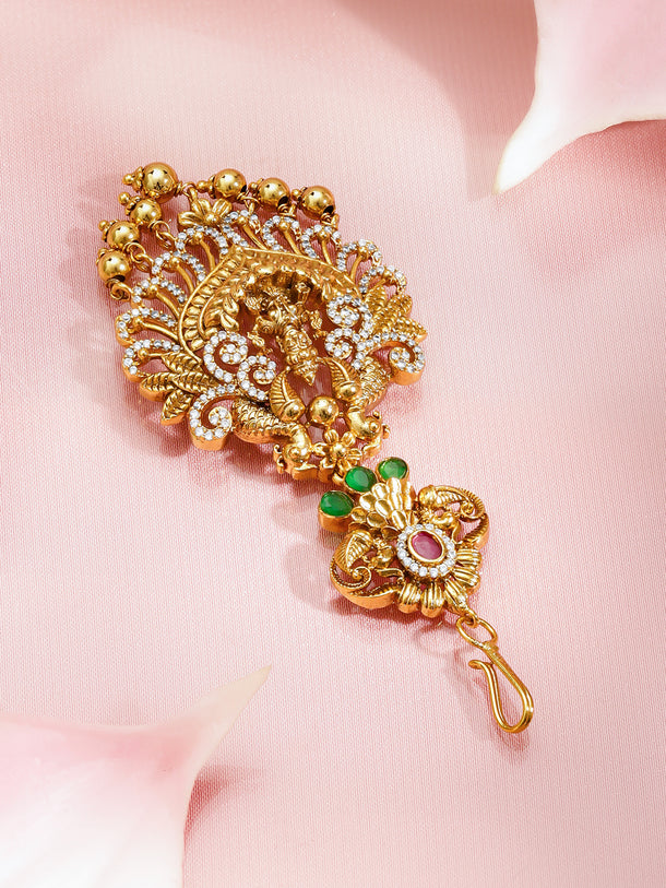 Rubans 22K Gold-Plated Ruby Red, Emerald Green & White Cubic Zirconia Temple Lakshmi Maang Tikka