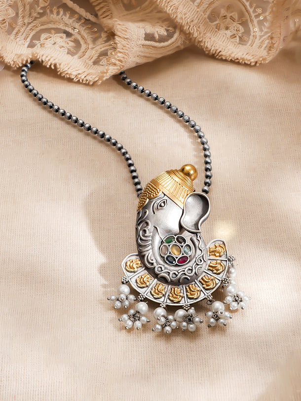 Dual-Tone Divine Ganesha Navratna Pearl Pendant Necklace