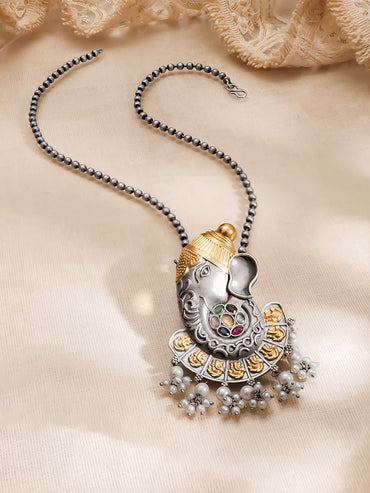 Dual-Tone Divine Ganesha Navratna Pearl Pendant Necklace
